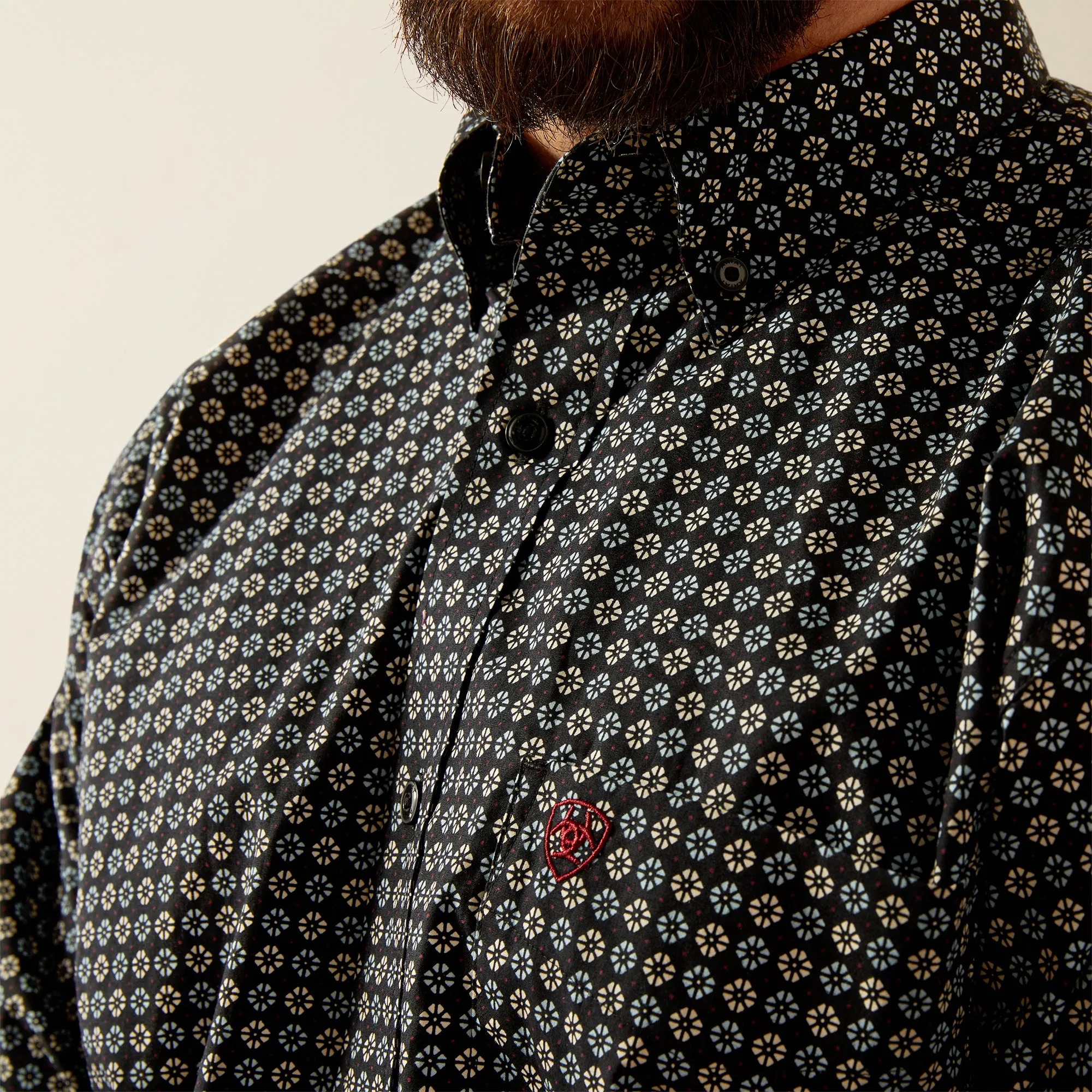 Ariat Men's Gustav Classic Fit Black Button-Down Shirt with Turquoise & White Geometric Print