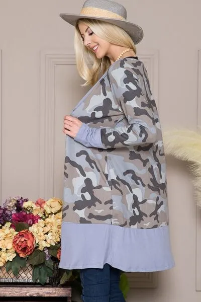 Blue Camouflage Button Up Long Sleeve Cardigan Plus Size