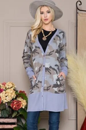 Blue Camouflage Button Up Long Sleeve Cardigan Plus Size