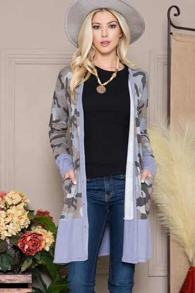 Blue Camouflage Button Up Long Sleeve Cardigan Plus Size