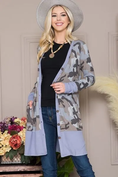 Blue Camouflage Button Up Long Sleeve Cardigan Plus Size