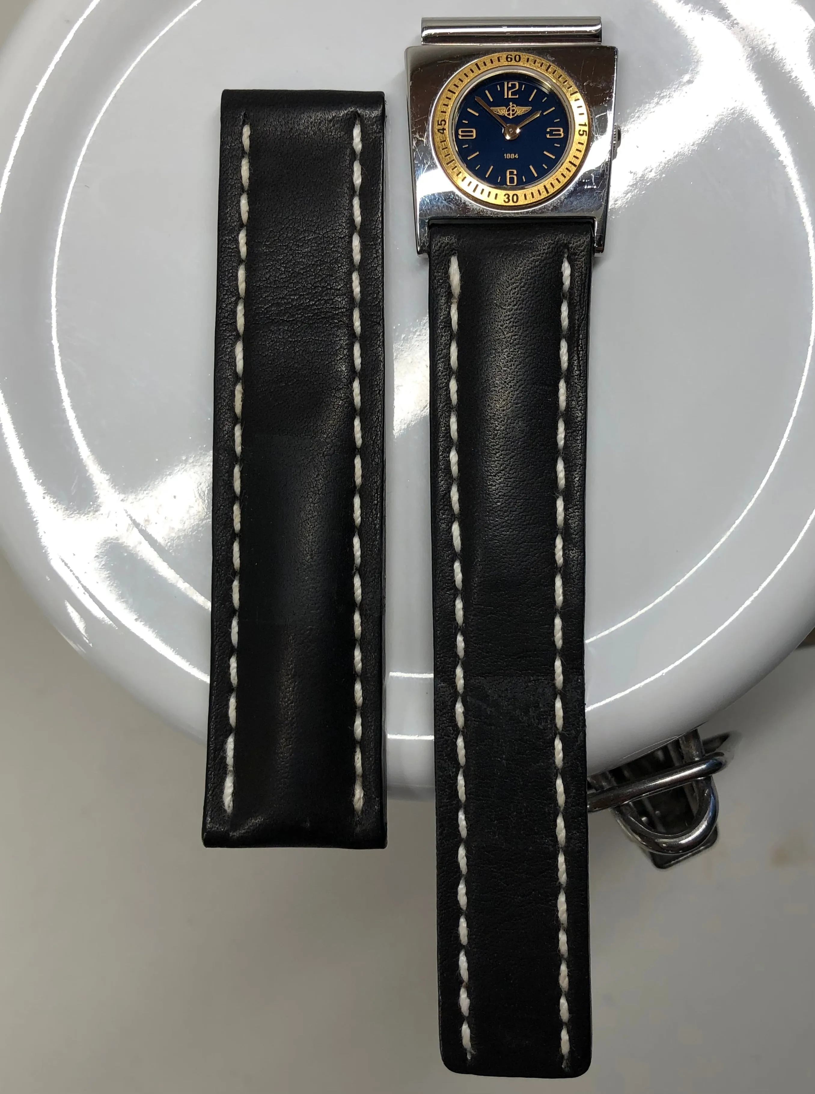 Breitling UTC B60172 Module Steel Gold Two Tone Blue Dial Quartz with Leather Strap