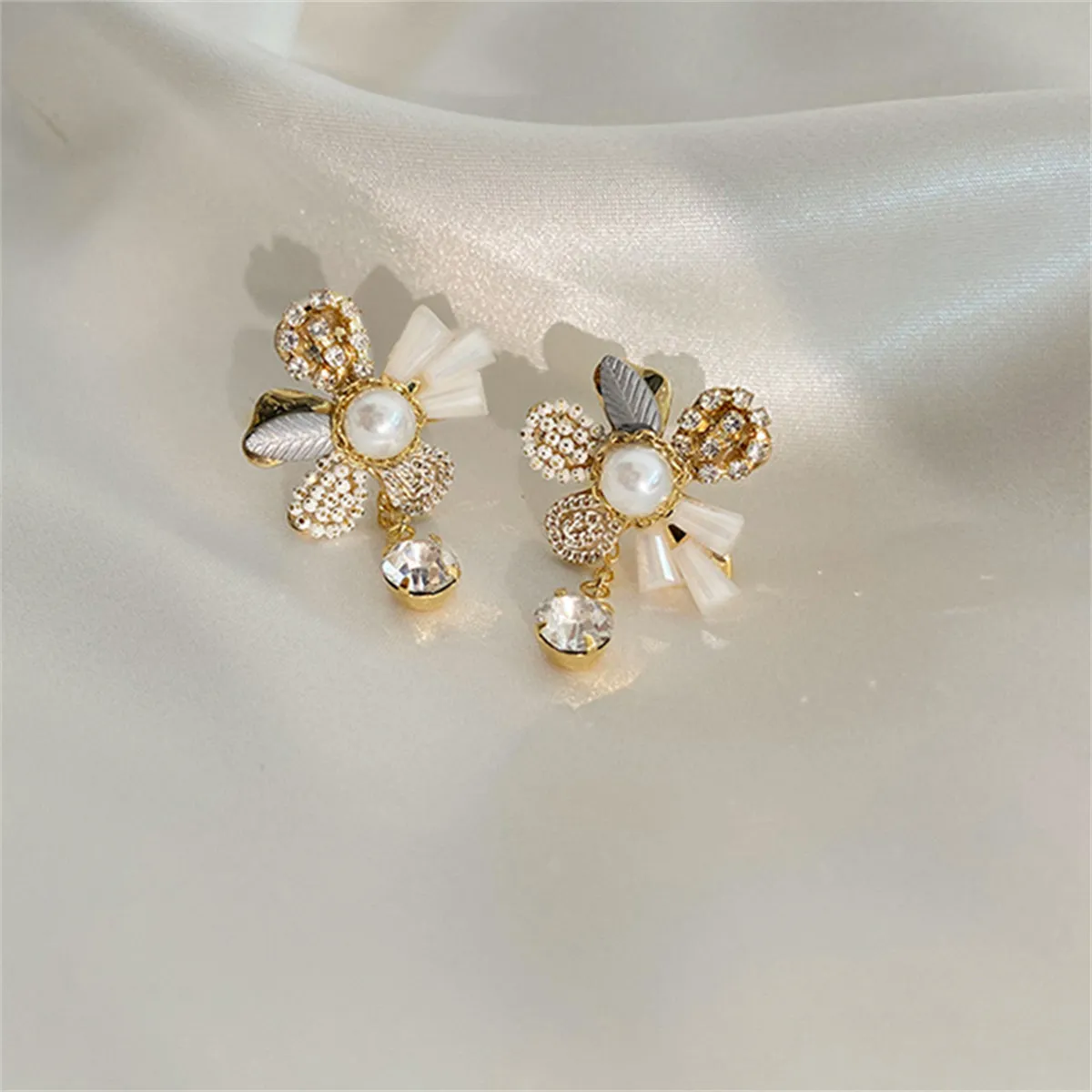 Cubic Zirconia & Acrylic 18K Gold-Plated Flower Ear Jackets
