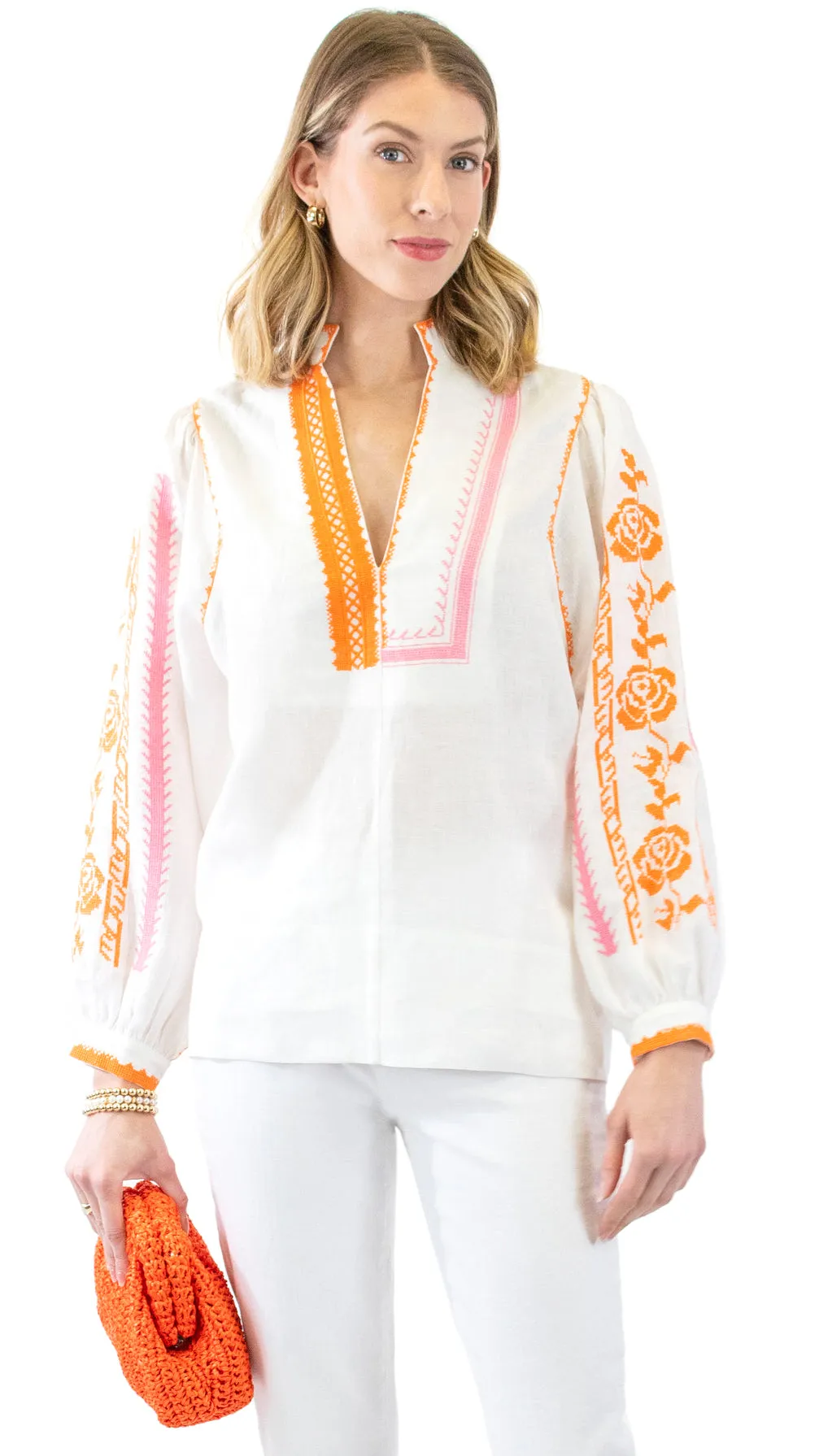 Embroidered Blouse - White / Orange & Pink