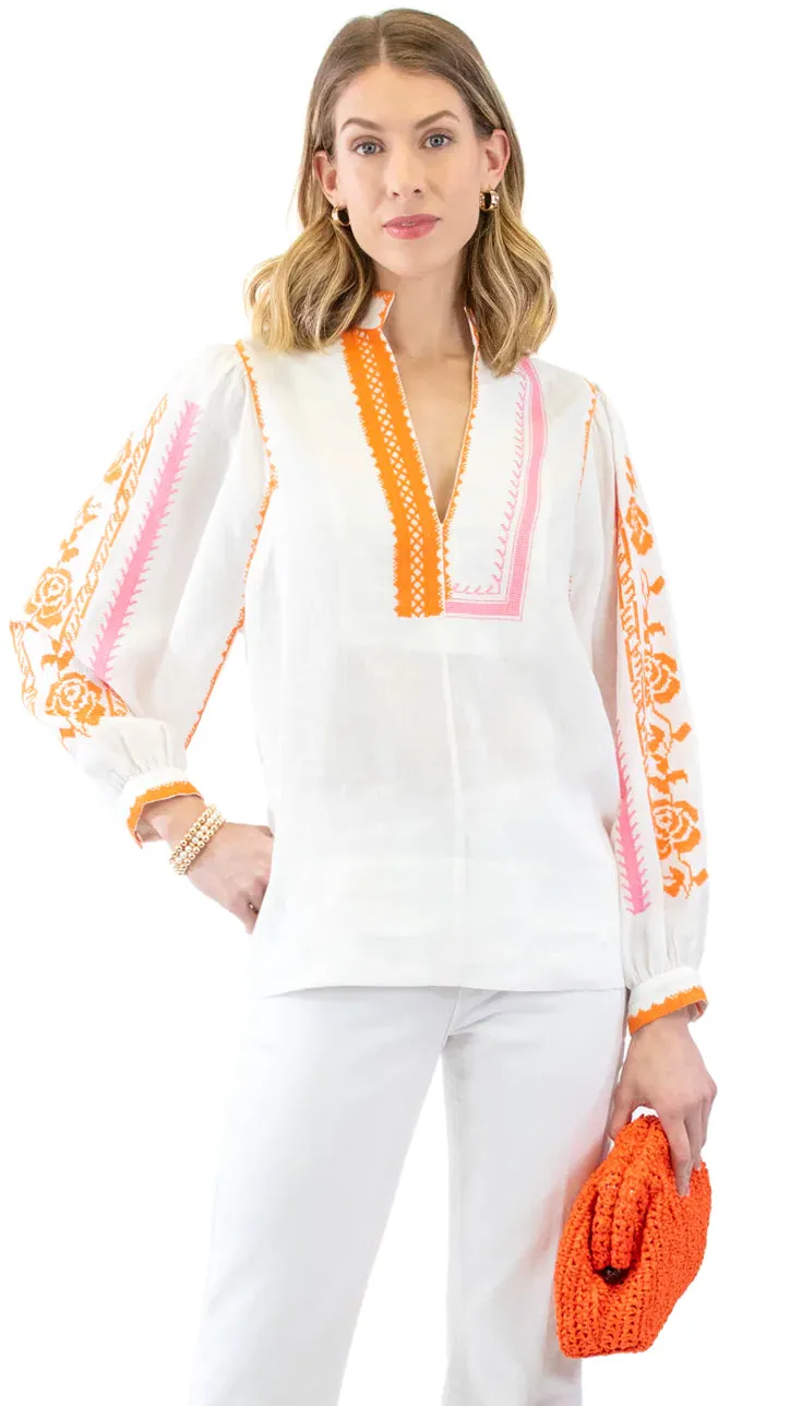 Embroidered Blouse - White / Orange & Pink