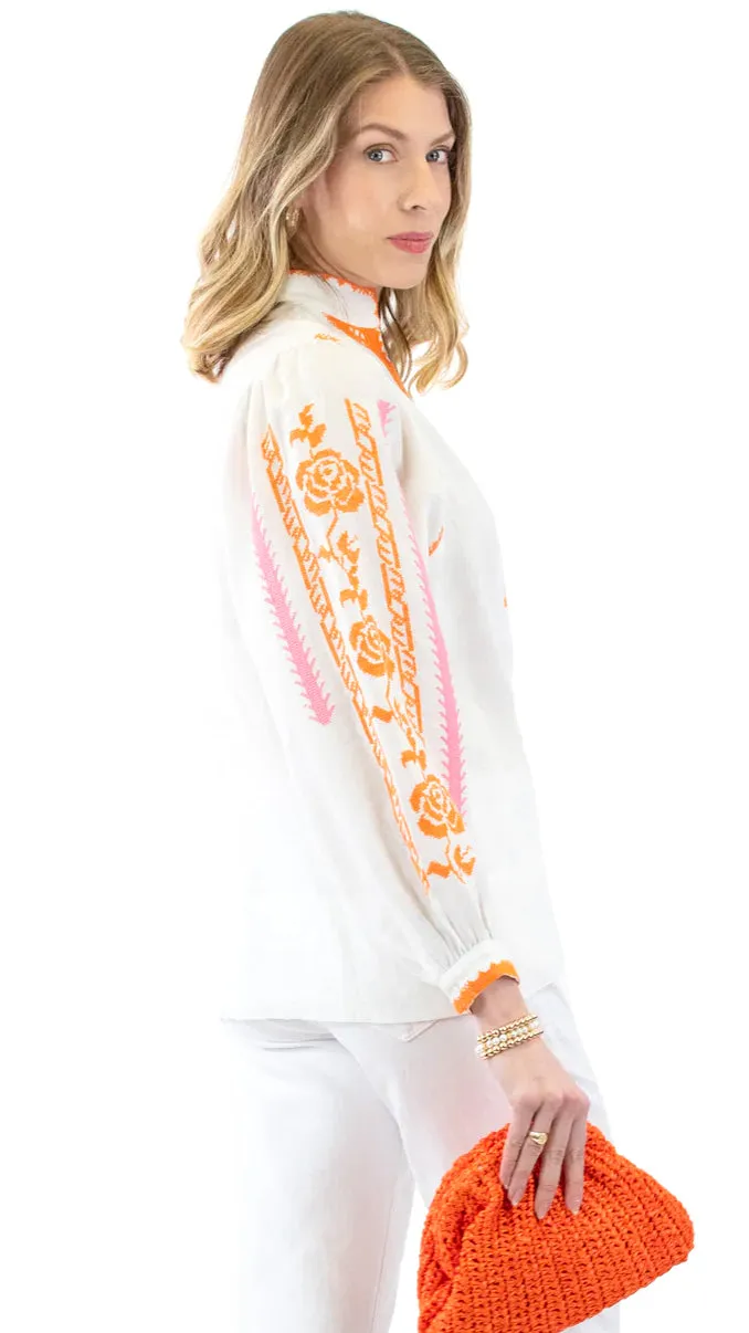 Embroidered Blouse - White / Orange & Pink