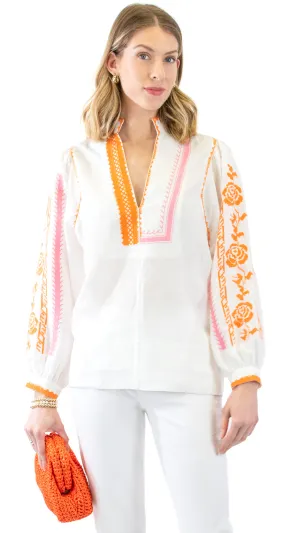 Embroidered Blouse - White / Orange & Pink