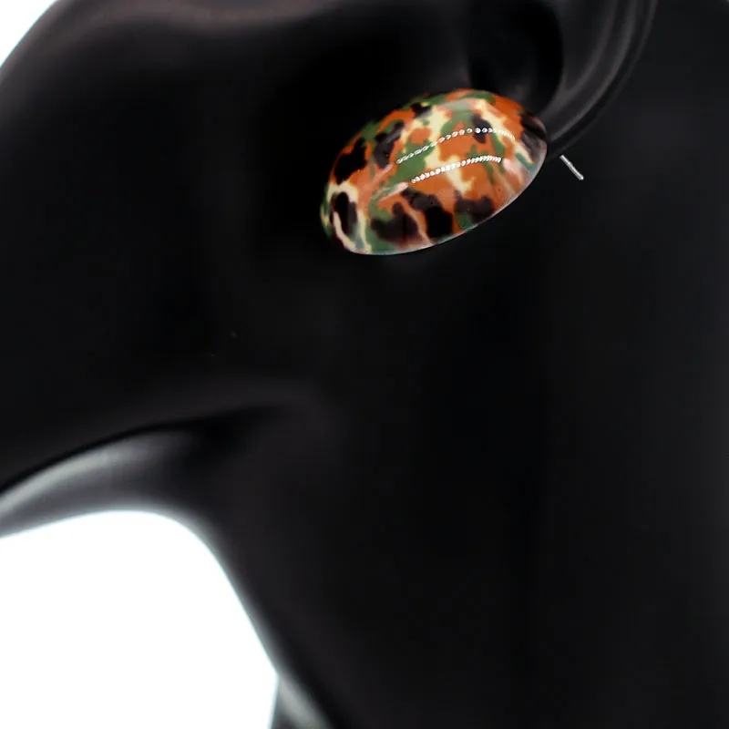 Green Brown Army Camo Large Button Stud Earrings