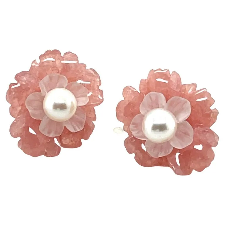 Hand Carved Flower Earrings of Rhodochrosite, Rose Quartz, 14k and Pearls