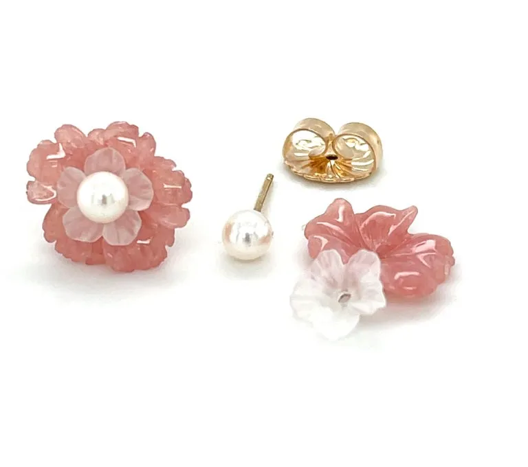 Hand Carved Flower Earrings of Rhodochrosite, Rose Quartz, 14k and Pearls