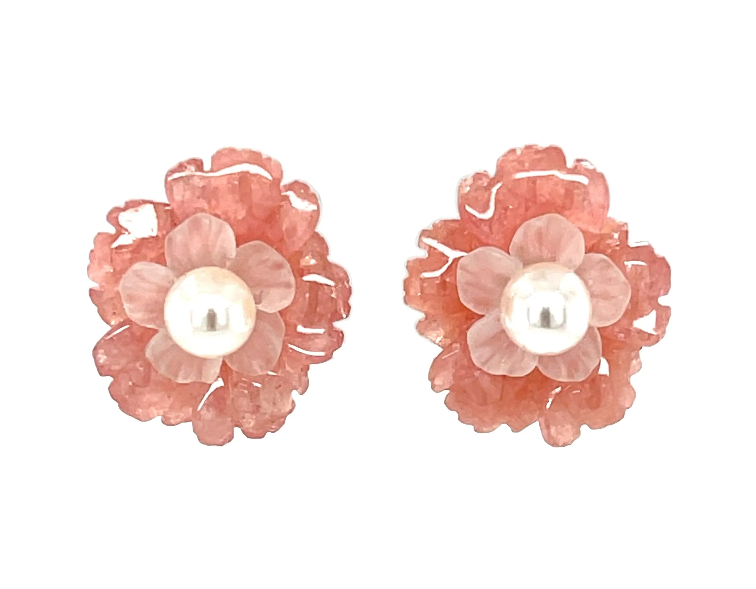 Hand Carved Flower Earrings of Rhodochrosite, Rose Quartz, 14k and Pearls
