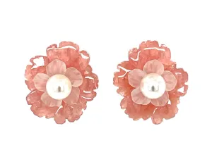 Hand Carved Flower Earrings of Rhodochrosite, Rose Quartz, 14k and Pearls