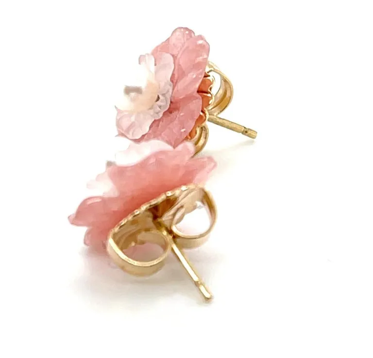 Hand Carved Flower Earrings of Rhodochrosite, Rose Quartz, 14k and Pearls