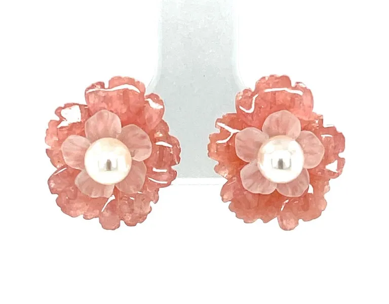 Hand Carved Flower Earrings of Rhodochrosite, Rose Quartz, 14k and Pearls