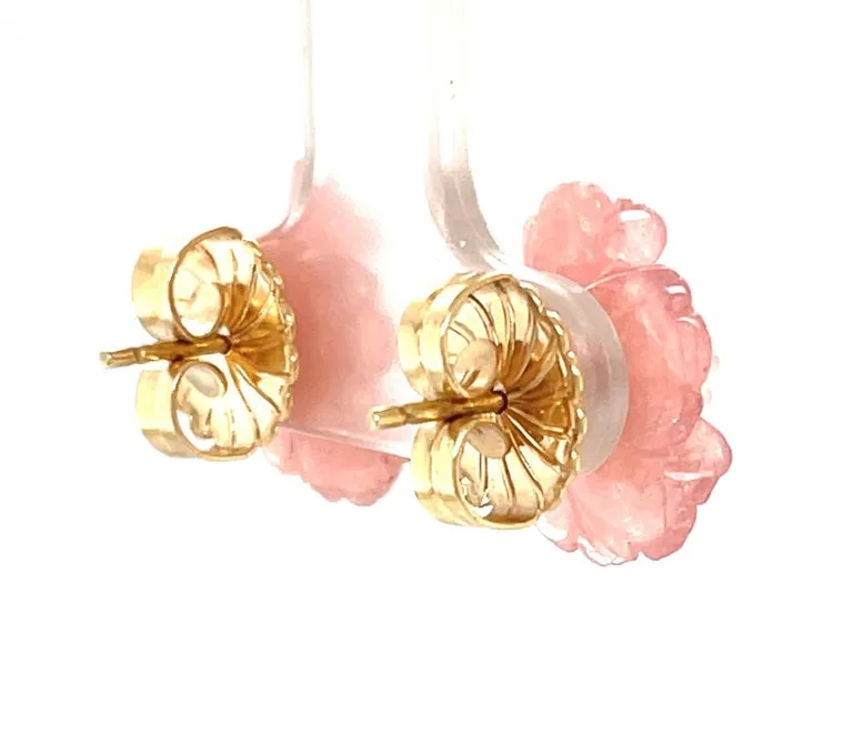 Hand Carved Flower Earrings of Rhodochrosite, Rose Quartz, 14k and Pearls