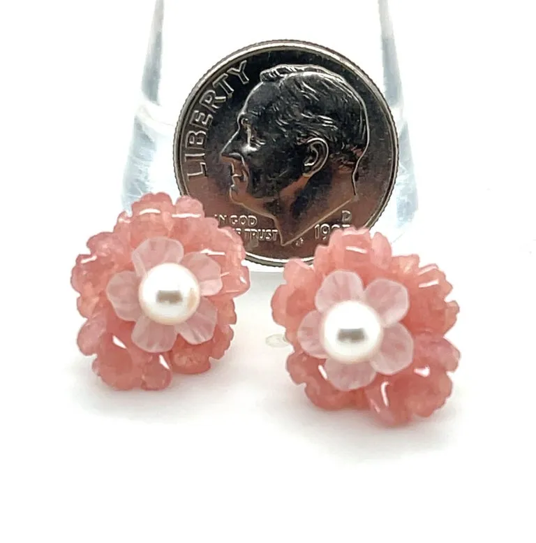 Hand Carved Flower Earrings of Rhodochrosite, Rose Quartz, 14k and Pearls