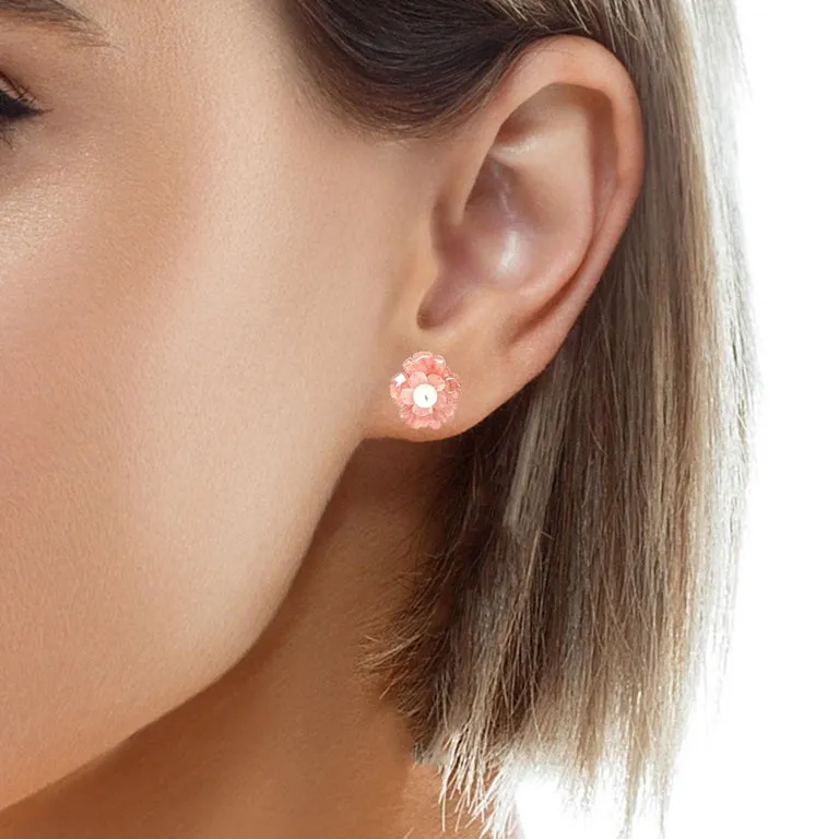 Hand Carved Flower Earrings of Rhodochrosite, Rose Quartz, 14k and Pearls