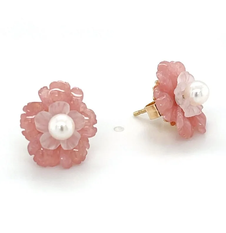 Hand Carved Flower Earrings of Rhodochrosite, Rose Quartz, 14k and Pearls