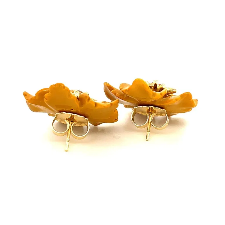 Hand Carved Jasper Flower Earring 18K Yellow Gold & Sapphire Stamen Posts