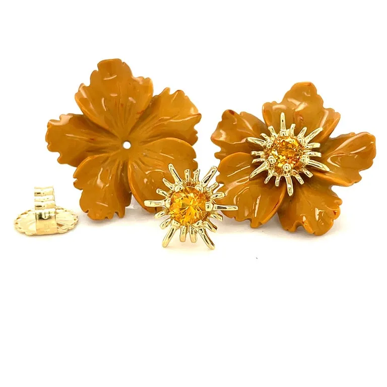 Hand Carved Jasper Flower Earring 18K Yellow Gold & Sapphire Stamen Posts
