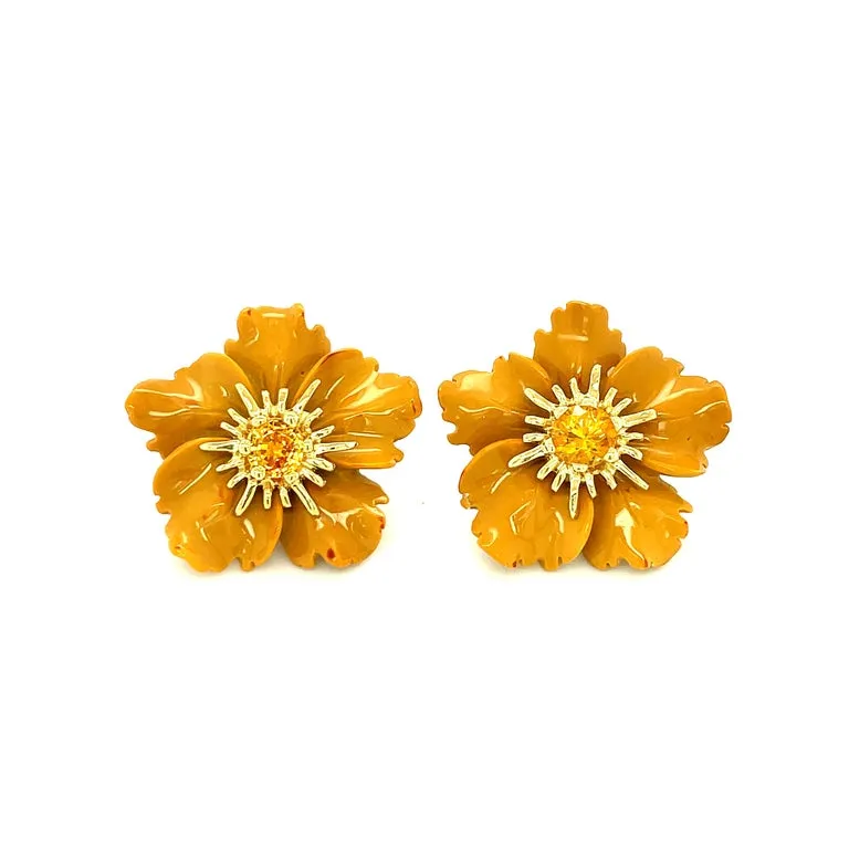 Hand Carved Jasper Flower Earring 18K Yellow Gold & Sapphire Stamen Posts