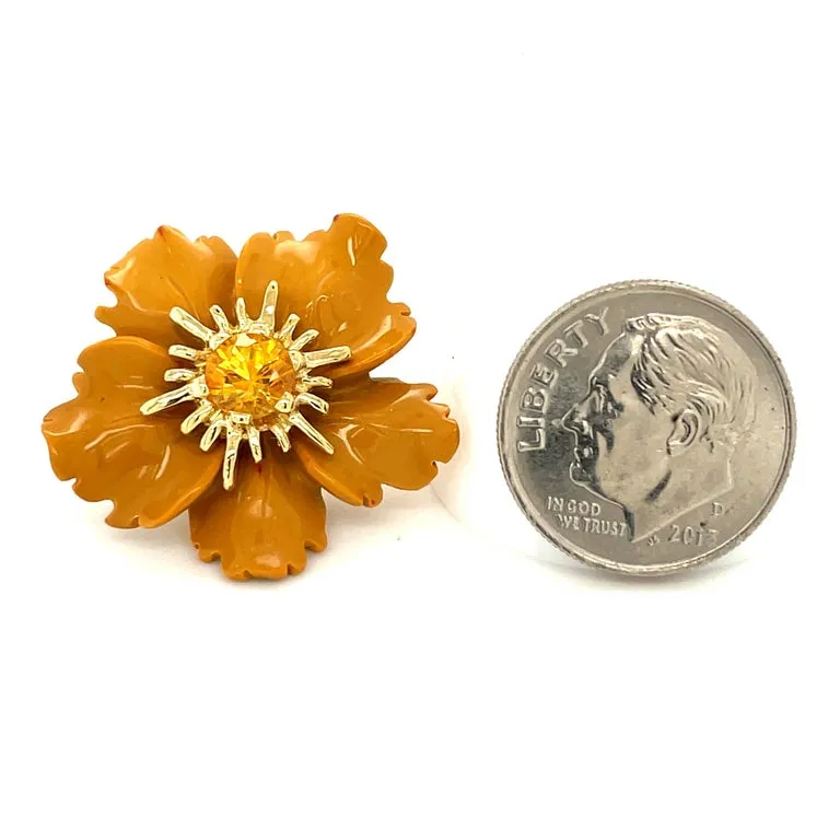 Hand Carved Jasper Flower Earring 18K Yellow Gold & Sapphire Stamen Posts