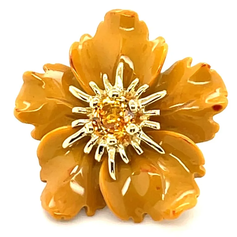 Hand Carved Jasper Flower Earring 18K Yellow Gold & Sapphire Stamen Posts