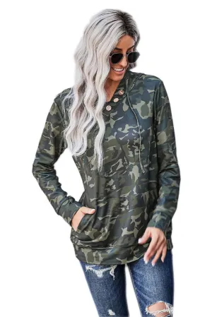 Hoodie w/ Button Detail - Green Camo - Sample Item 50% Off - Final Sale