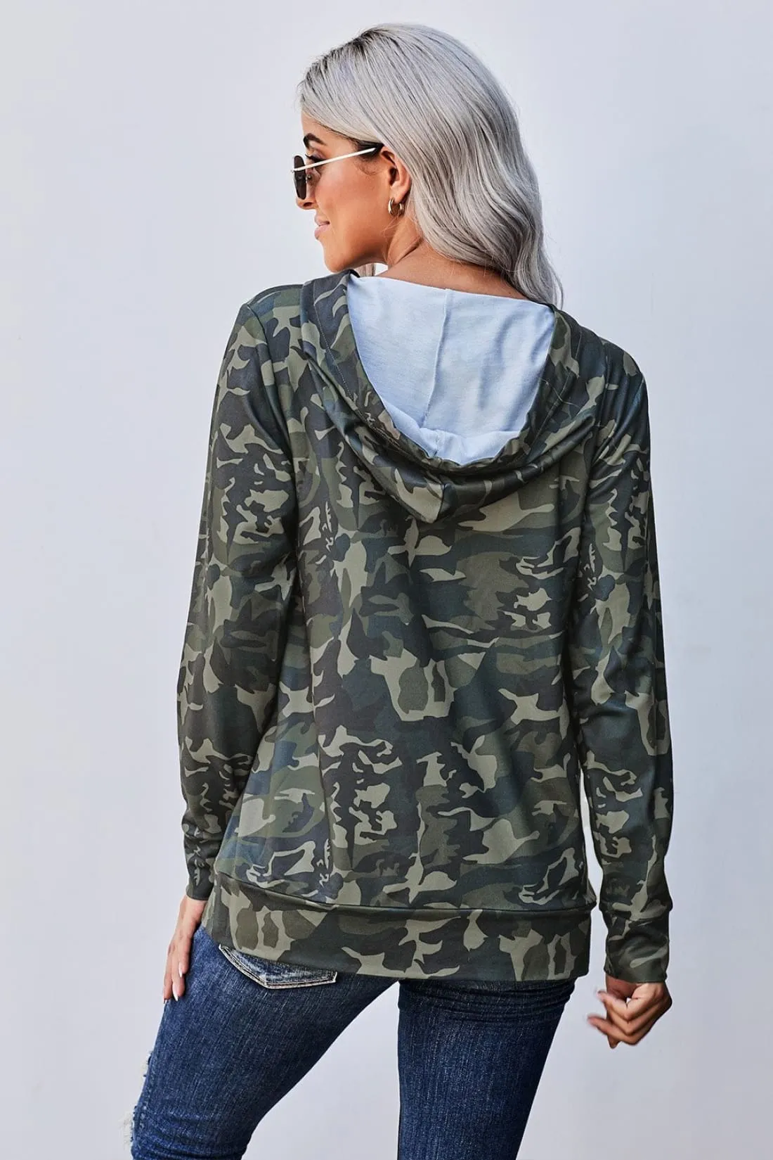 Hoodie w/ Button Detail - Green Camo - Sample Item 50% Off - Final Sale