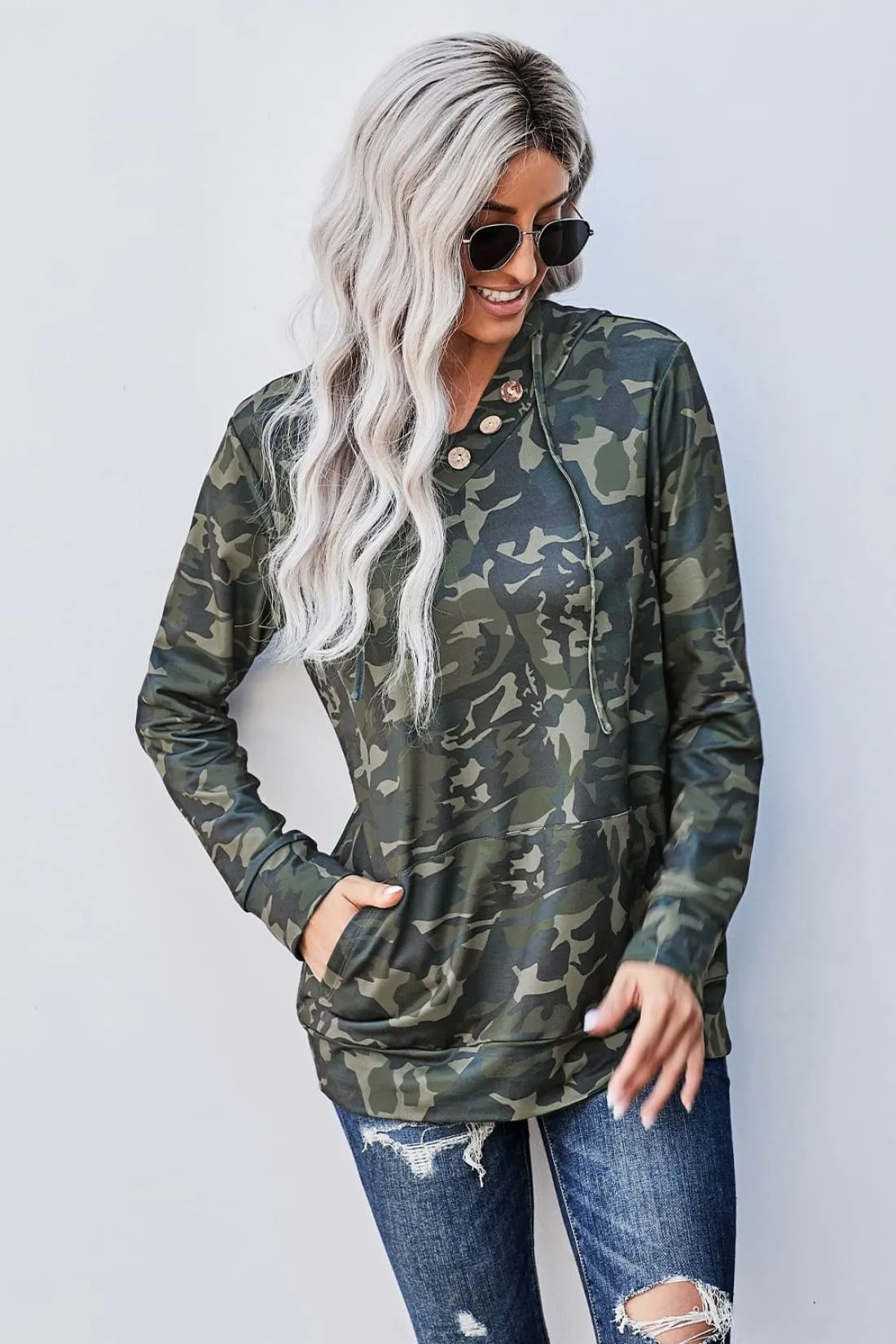 Hoodie w/ Button Detail - Green Camo - Sample Item 50% Off - Final Sale
