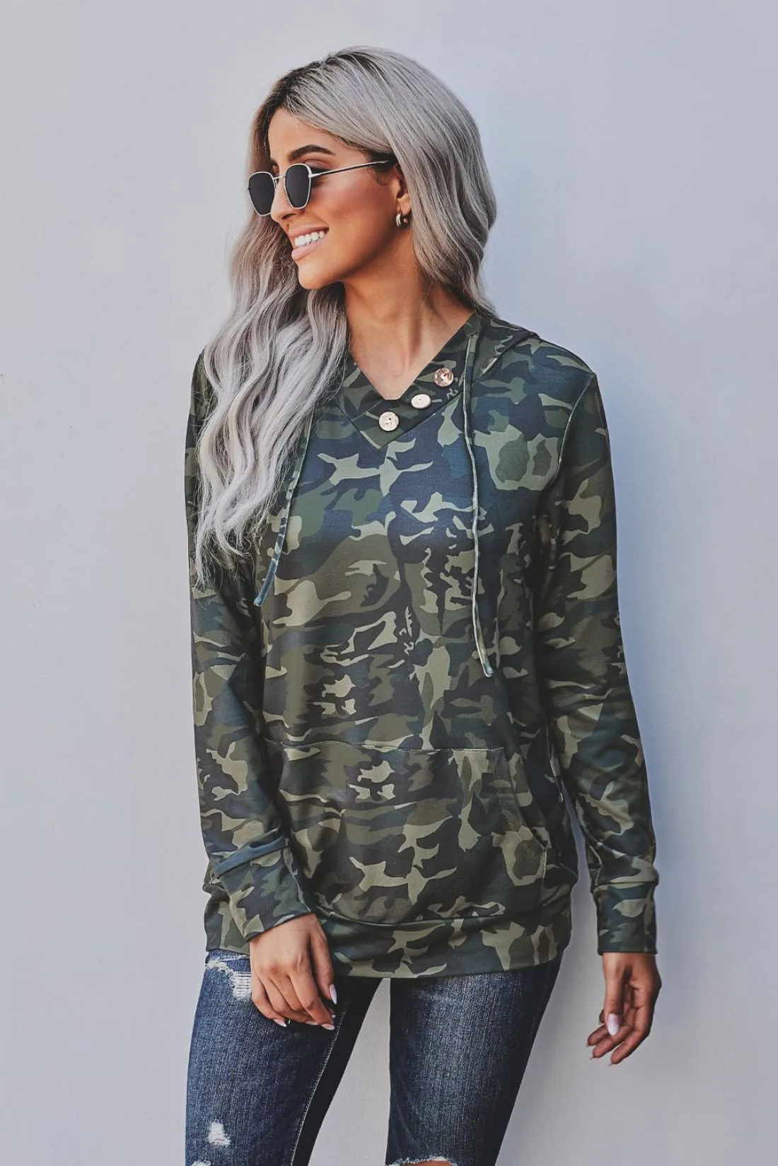 Hoodie w/ Button Detail - Green Camo - Sample Item 50% Off - Final Sale