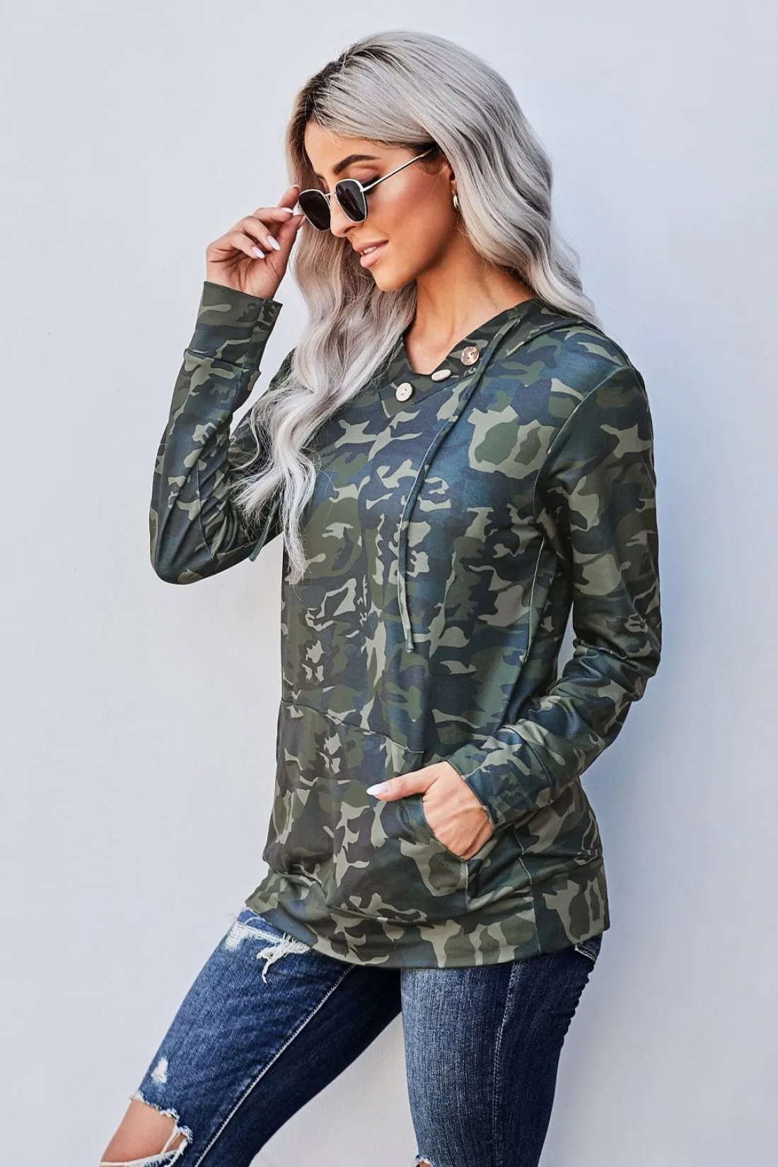 Hoodie w/ Button Detail - Green Camo - Sample Item 50% Off - Final Sale