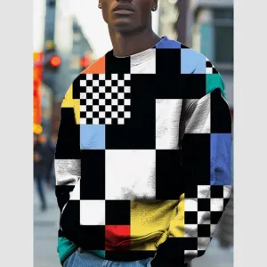 Men's Chessboard Geometric Colorblock Print Casual Sweatshirt