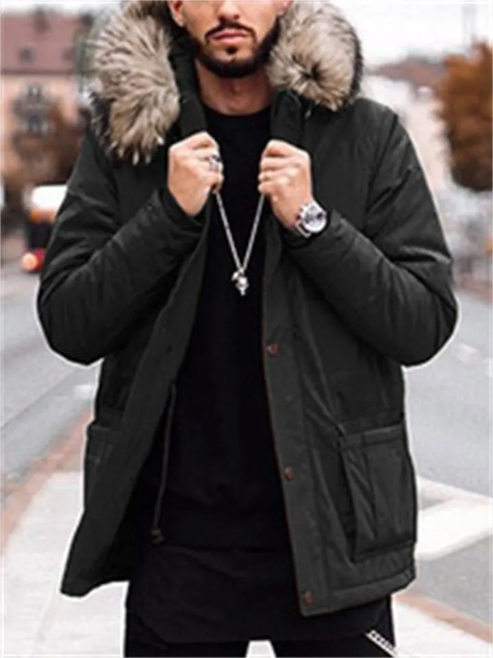 Mens Comfy Cotton Coat With Faux Fur-Trimmed Hood