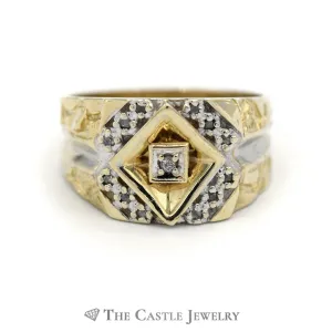 Men's Illusion Set Diamond Ring in 14k Split Nugget Yellow Gold Mounting