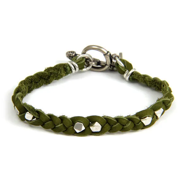 Mens Silver Faceted Bead Sage Braided Bracelet