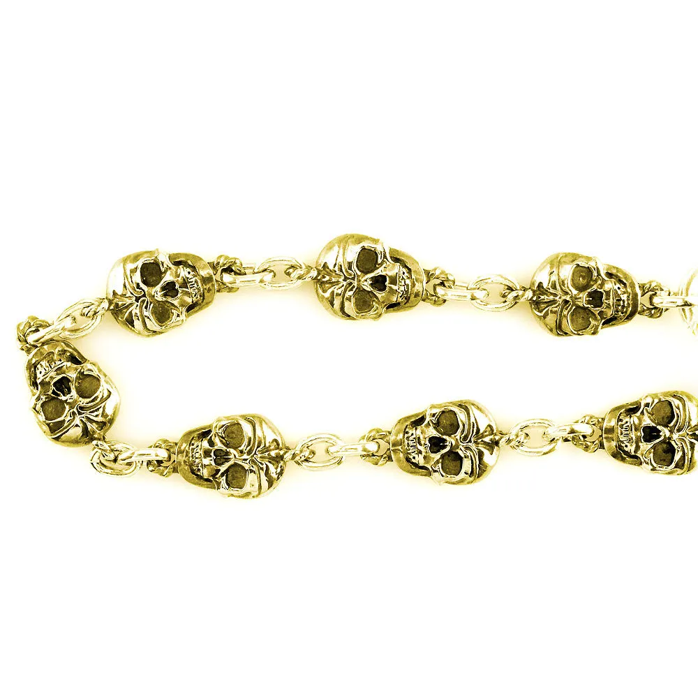 Mens Solid Skull Link Bracelet with Black in 14K Yellow Gold