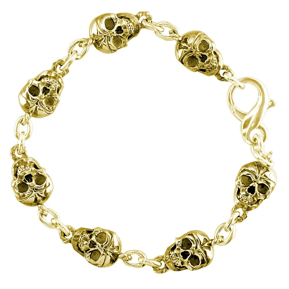 Mens Solid Skull Link Bracelet with Black in 14K Yellow Gold