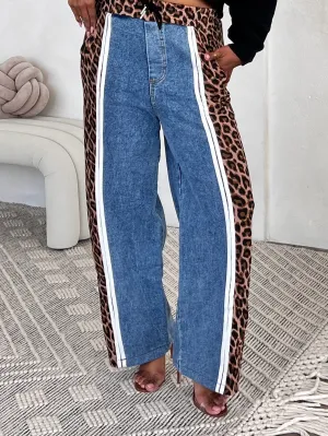 Mixed Print Leopard Denim Jogger