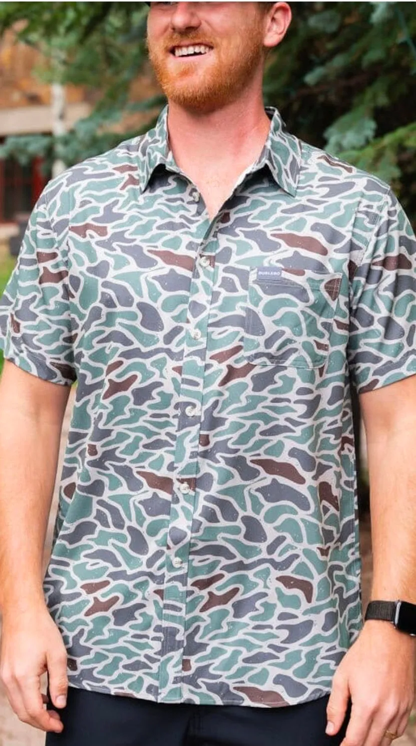 Performance Button Up Retro Duck Camo Shirt Burlebo