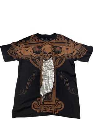 Pierced Short Sleeved Silver and Brown Skull Shirt