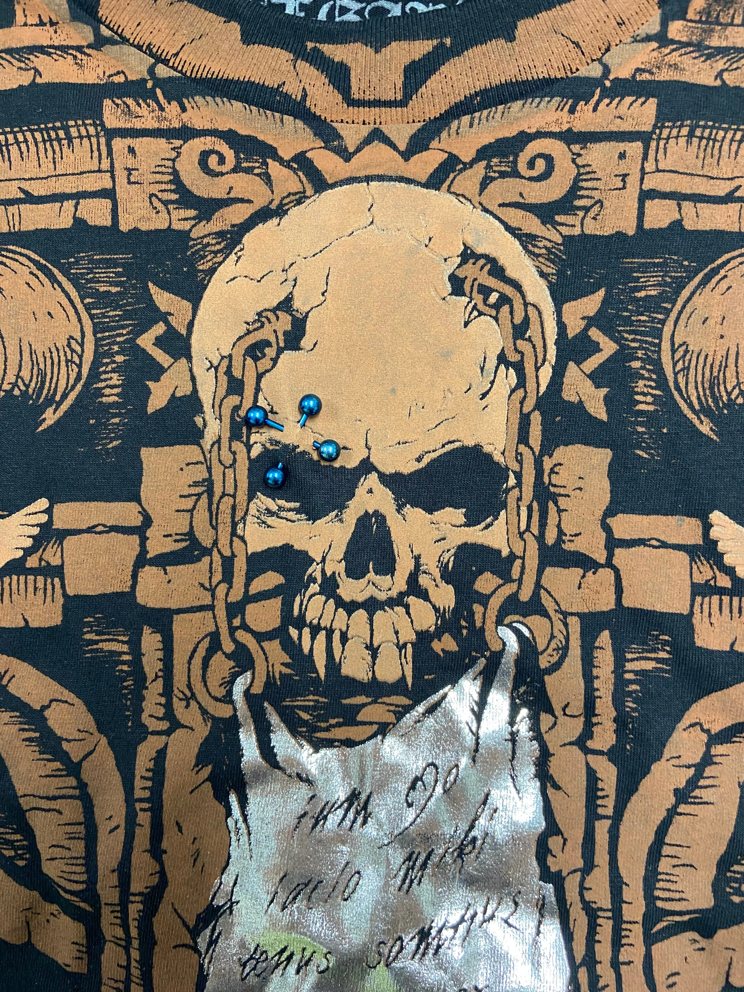 Pierced Short Sleeved Silver and Brown Skull Shirt
