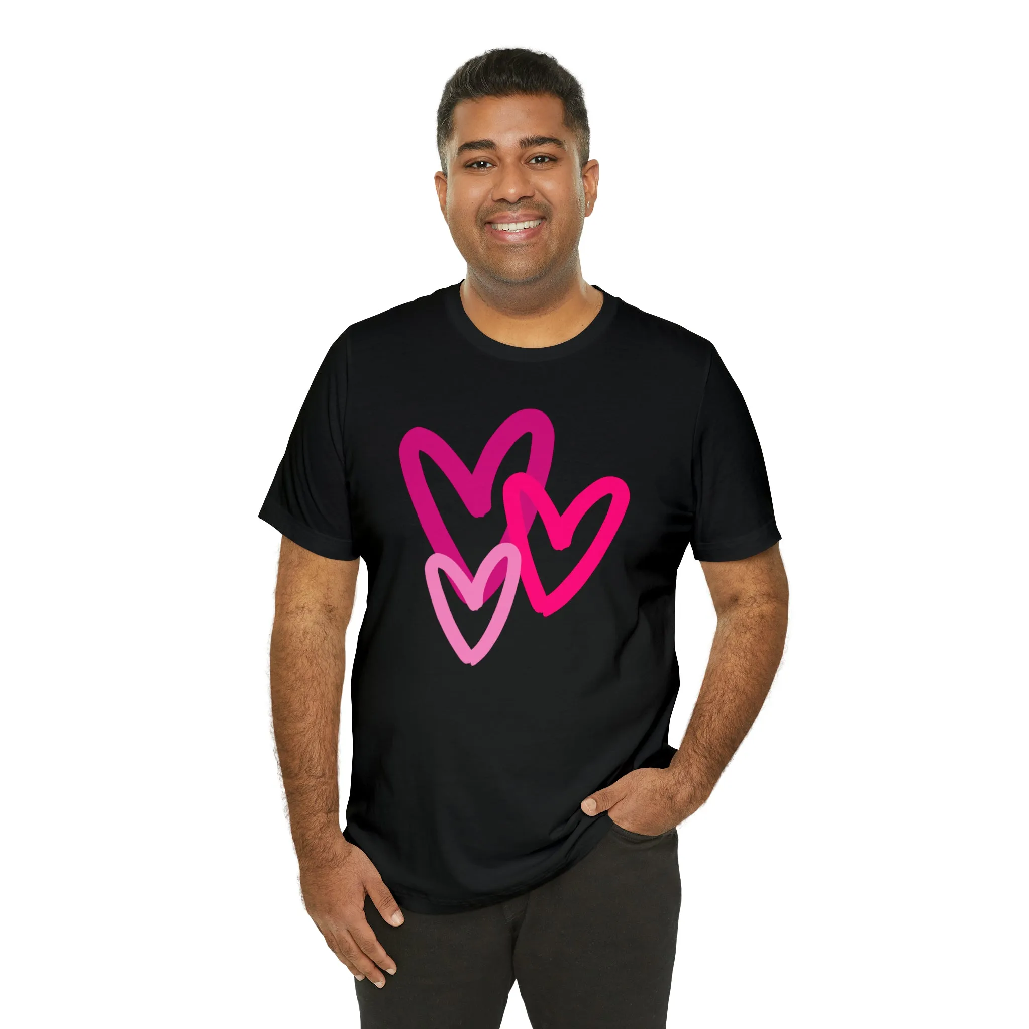 Pink Hearts Happy Valentine's Day T-Shirt | Sweetheart Tee |  Bella Canvas 3001 Unisex |  Three Love Hearts Short Sleeve Tshirt