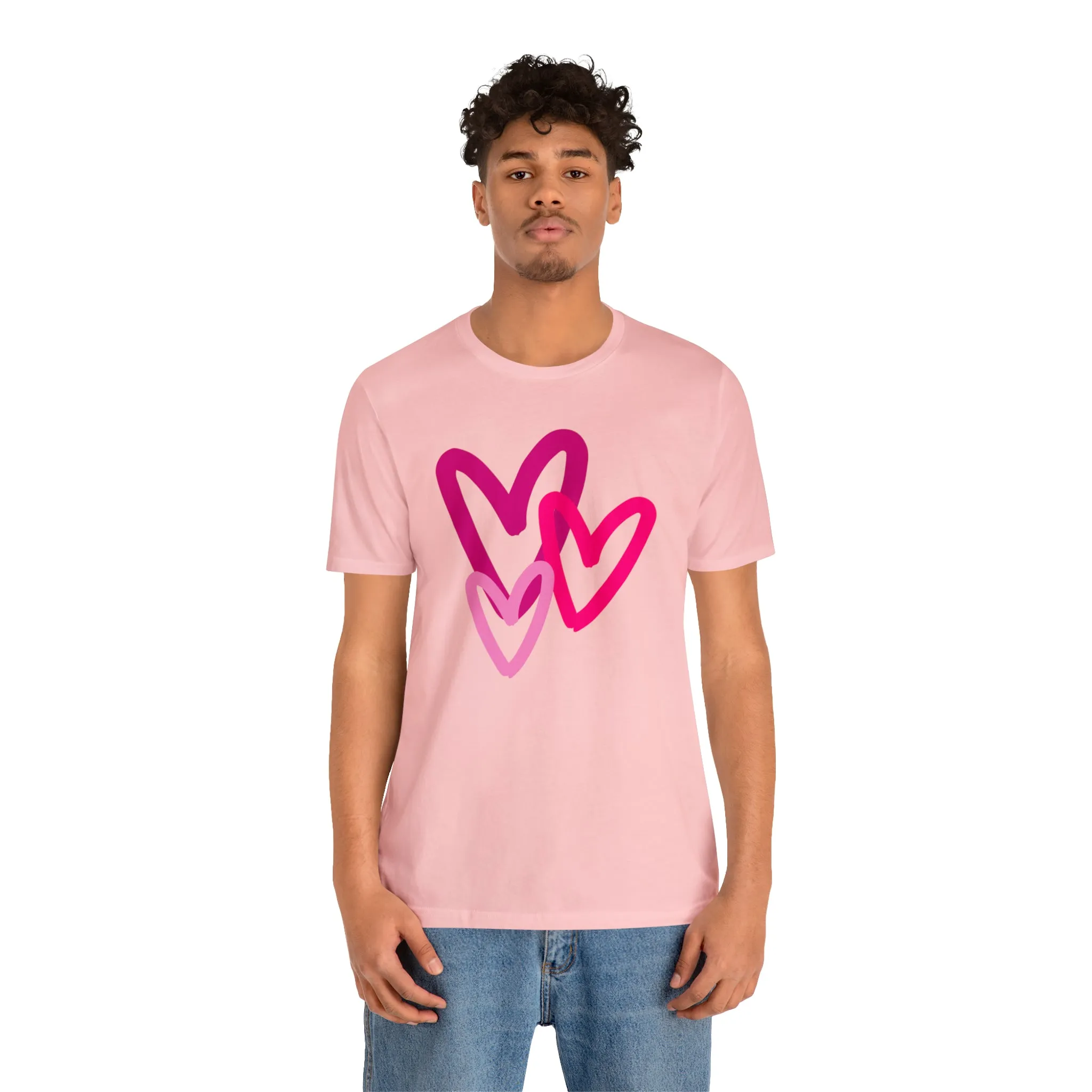 Pink Hearts Happy Valentine's Day T-Shirt | Sweetheart Tee |  Bella Canvas 3001 Unisex |  Three Love Hearts Short Sleeve Tshirt