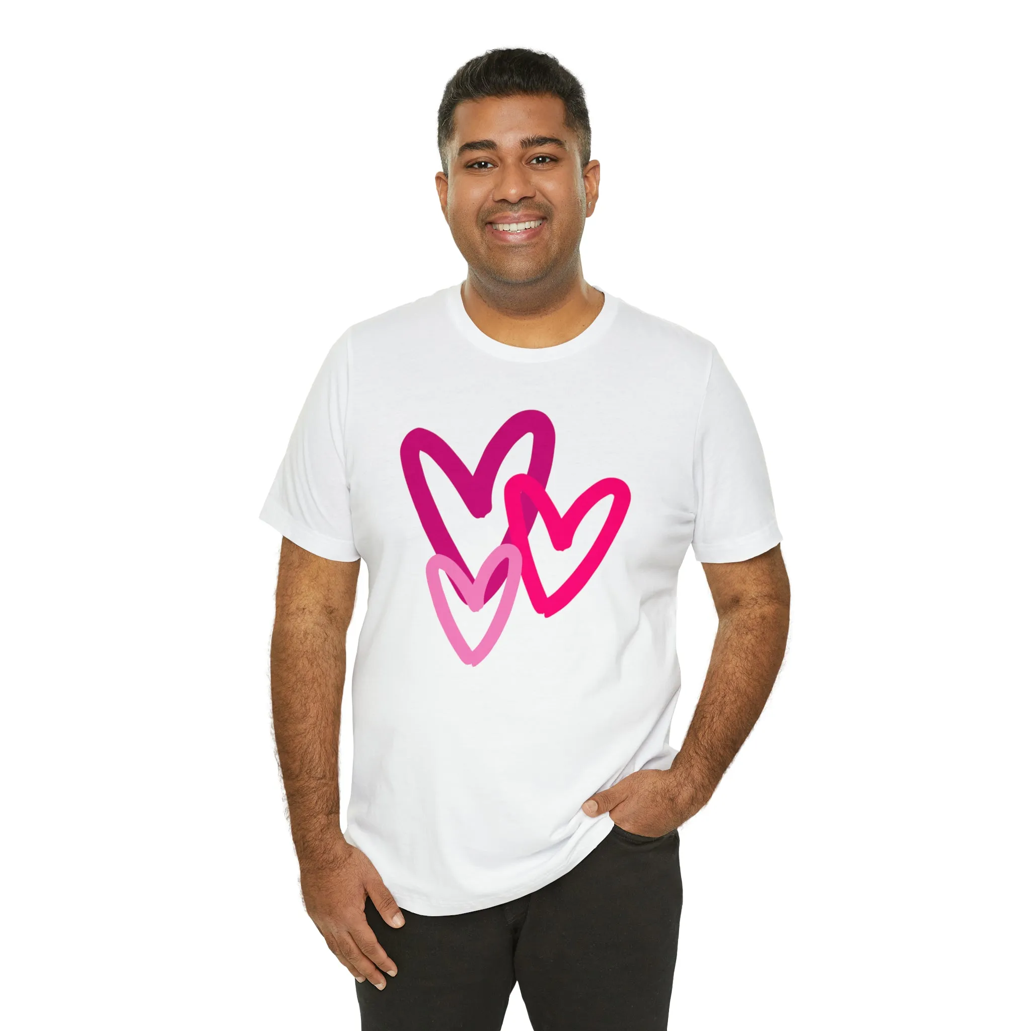 Pink Hearts Happy Valentine's Day T-Shirt | Sweetheart Tee |  Bella Canvas 3001 Unisex |  Three Love Hearts Short Sleeve Tshirt