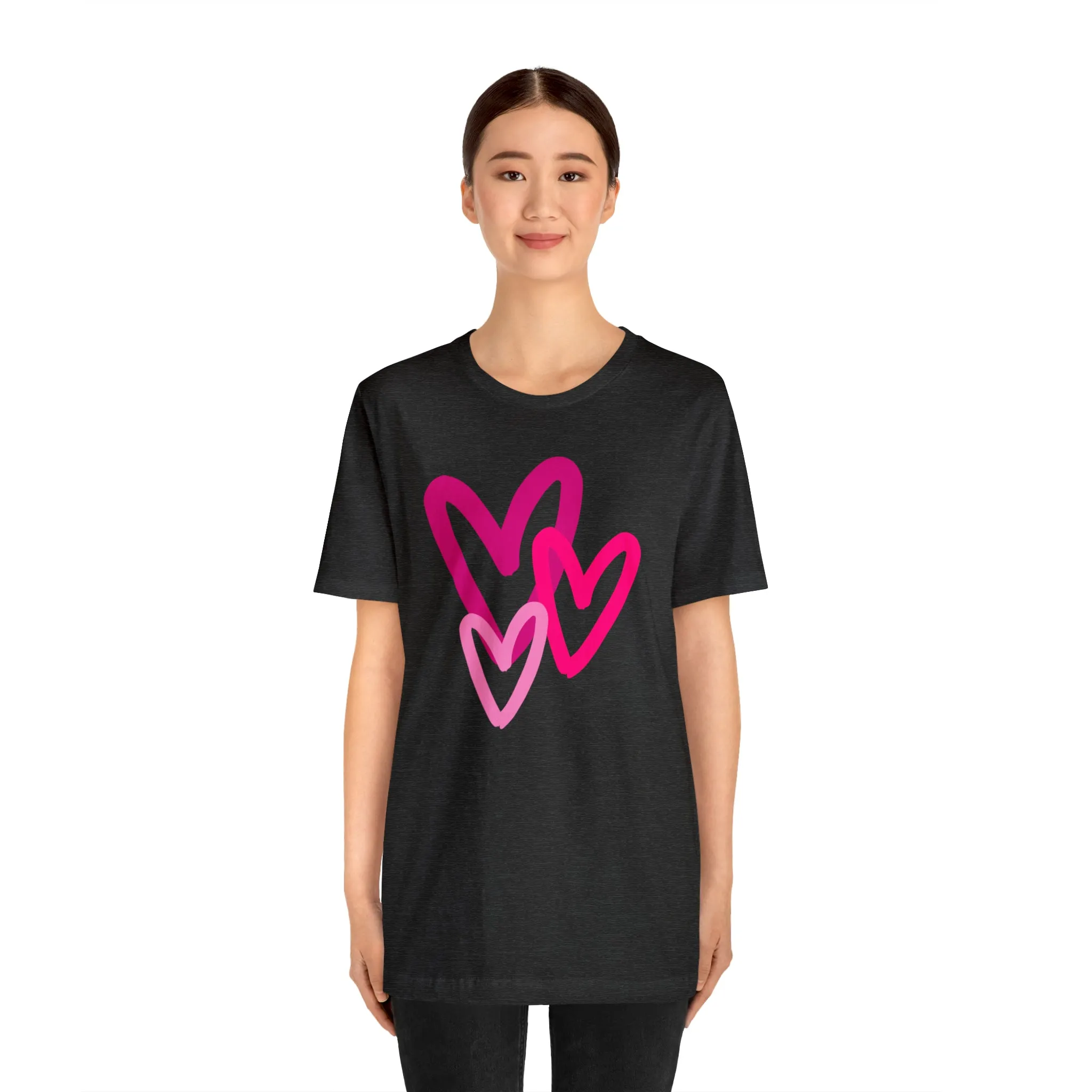 Pink Hearts Happy Valentine's Day T-Shirt | Sweetheart Tee |  Bella Canvas 3001 Unisex |  Three Love Hearts Short Sleeve Tshirt