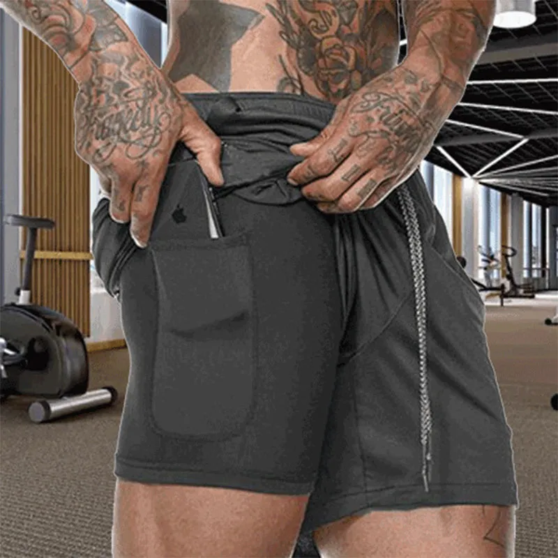 Quick Drying And Breathable Double Layer Men's Fitness Shorts (Pocket zipper）