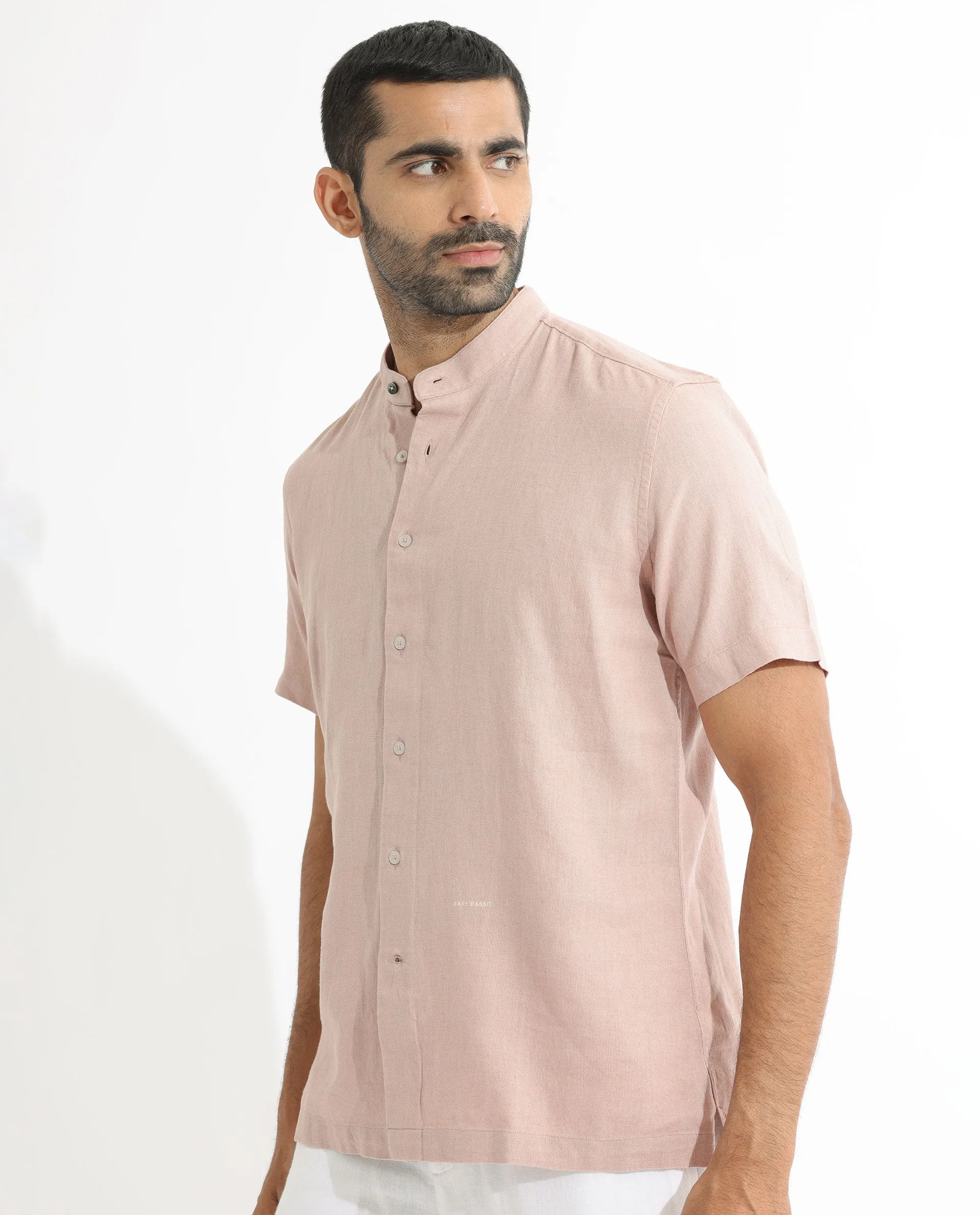 Rare Rabbit Men's Lune Ss Dusky Pink Linen Mandarin Collar Half Sleeves Shirt