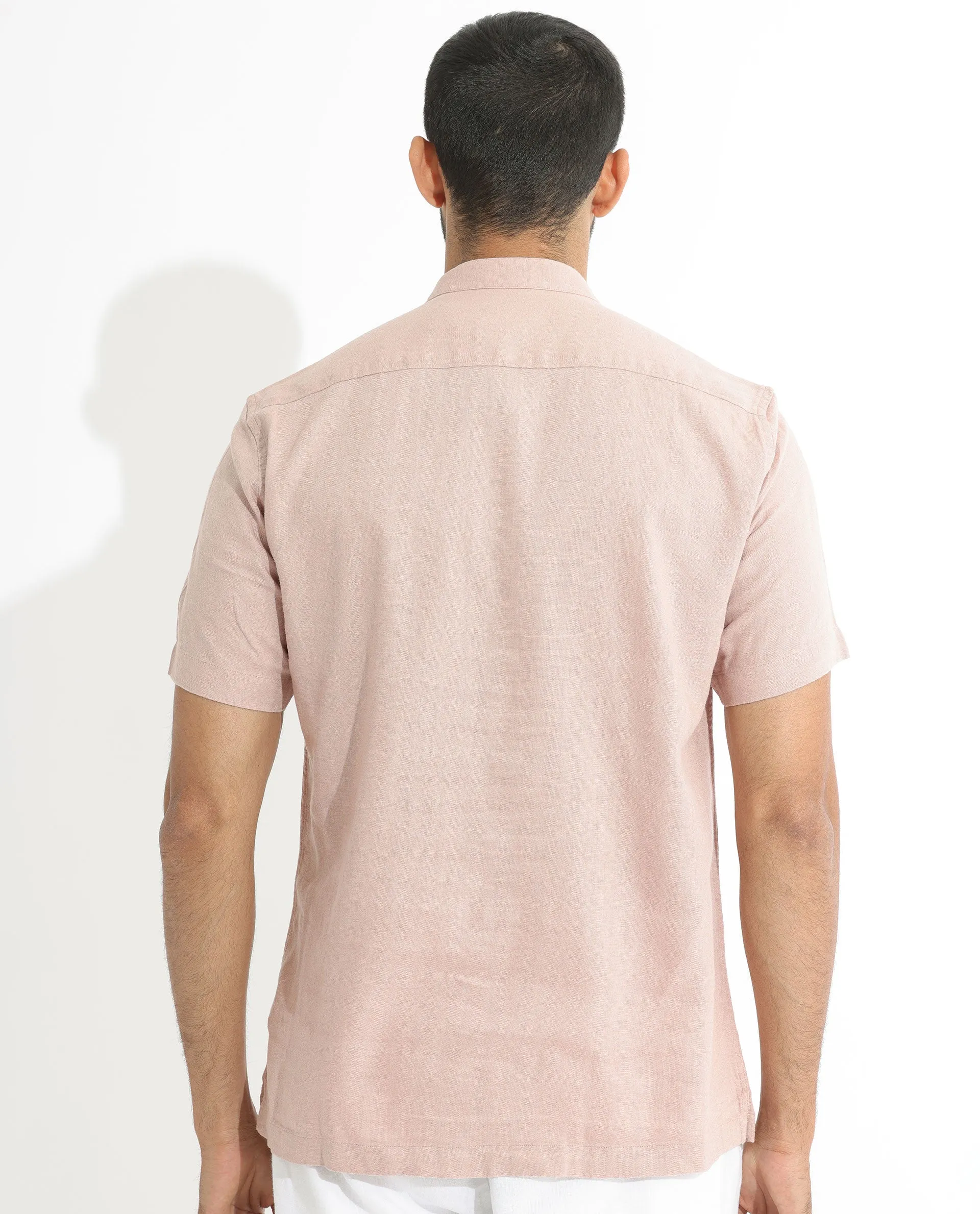 Rare Rabbit Men's Lune Ss Dusky Pink Linen Mandarin Collar Half Sleeves Shirt
