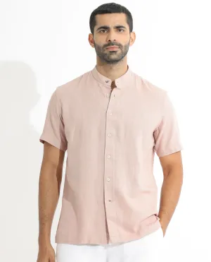 Rare Rabbit Men's Lune Ss Dusky Pink Linen Mandarin Collar Half Sleeves Shirt
